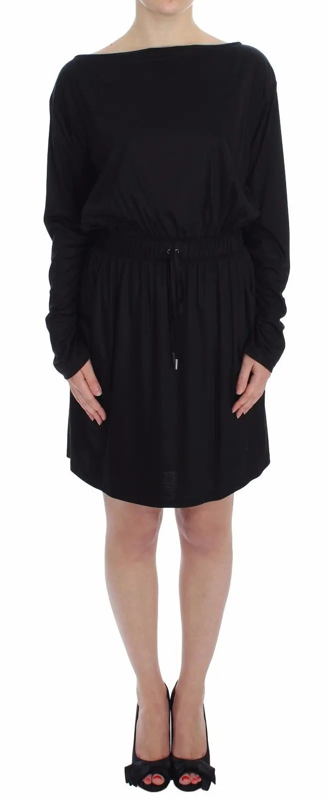 Black long-sleeve knee-length shift dress with boat neckline and drawstring waist.
