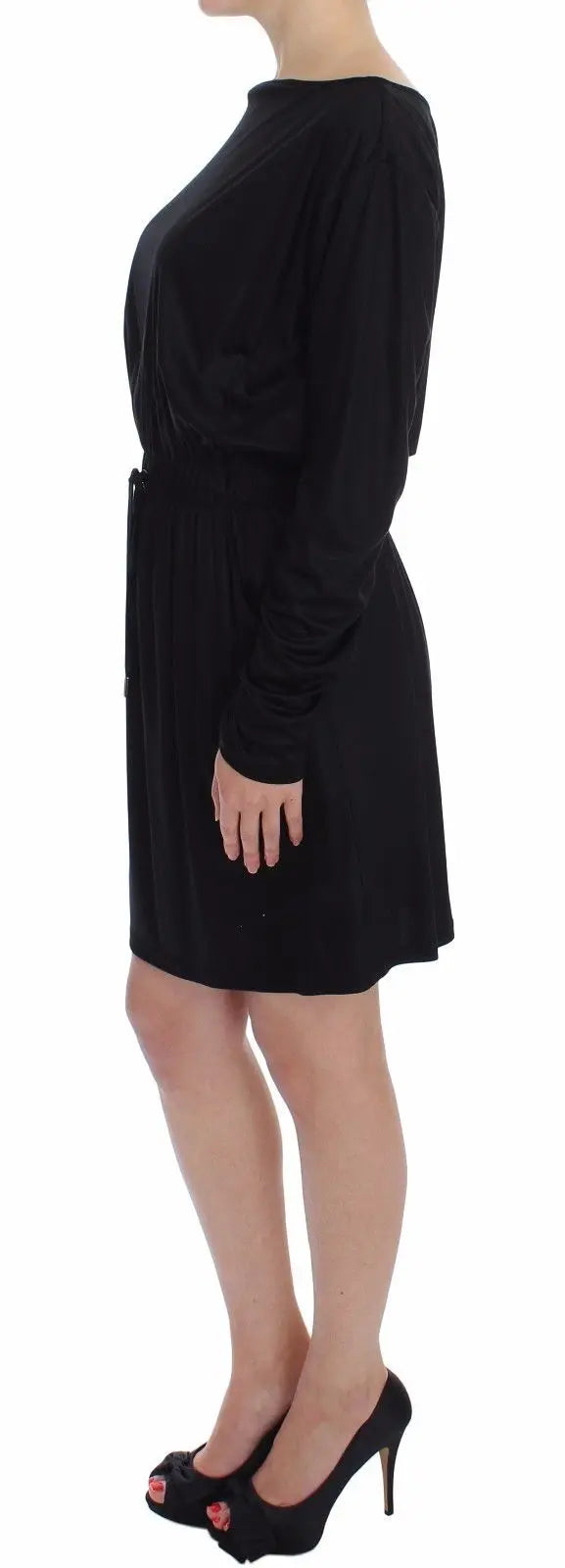 Black long-sleeve knee-length shift dress with boat neckline and drawstring waist.
