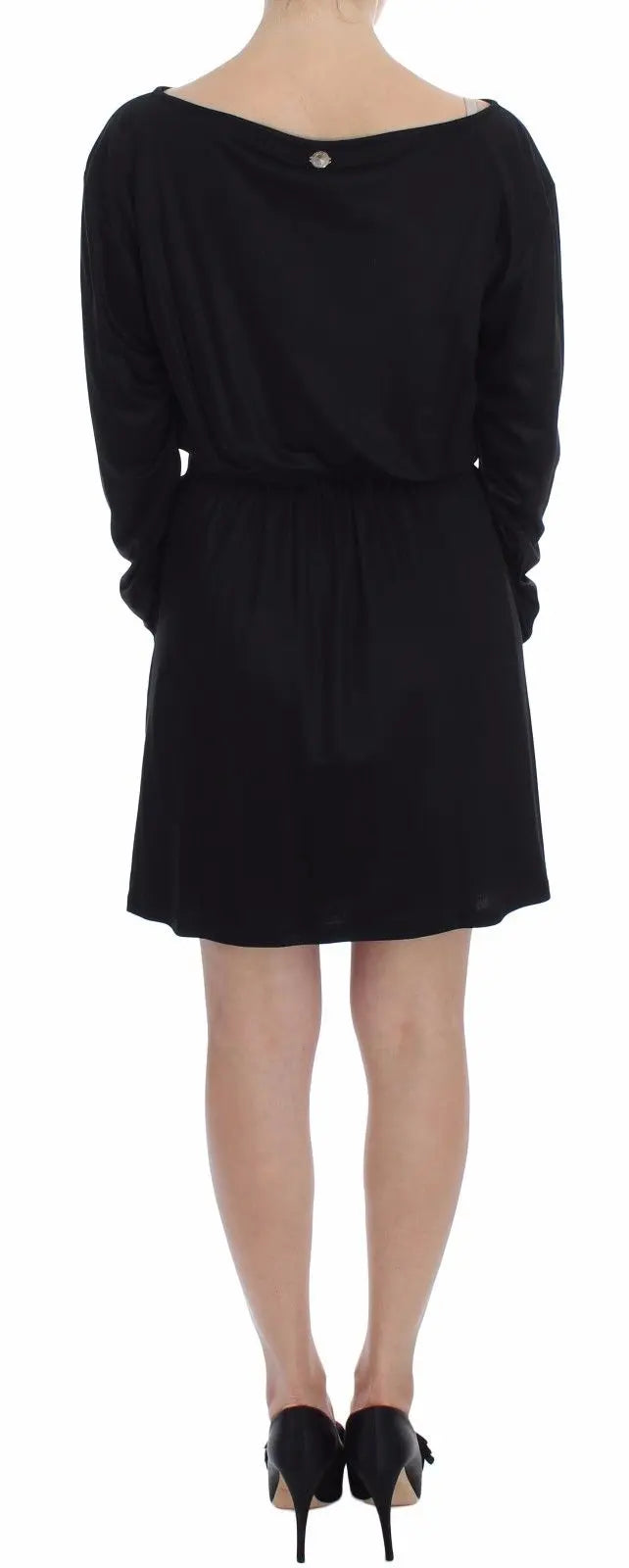Black long-sleeve knee-length shift dress with boat neckline and drawstring waist.