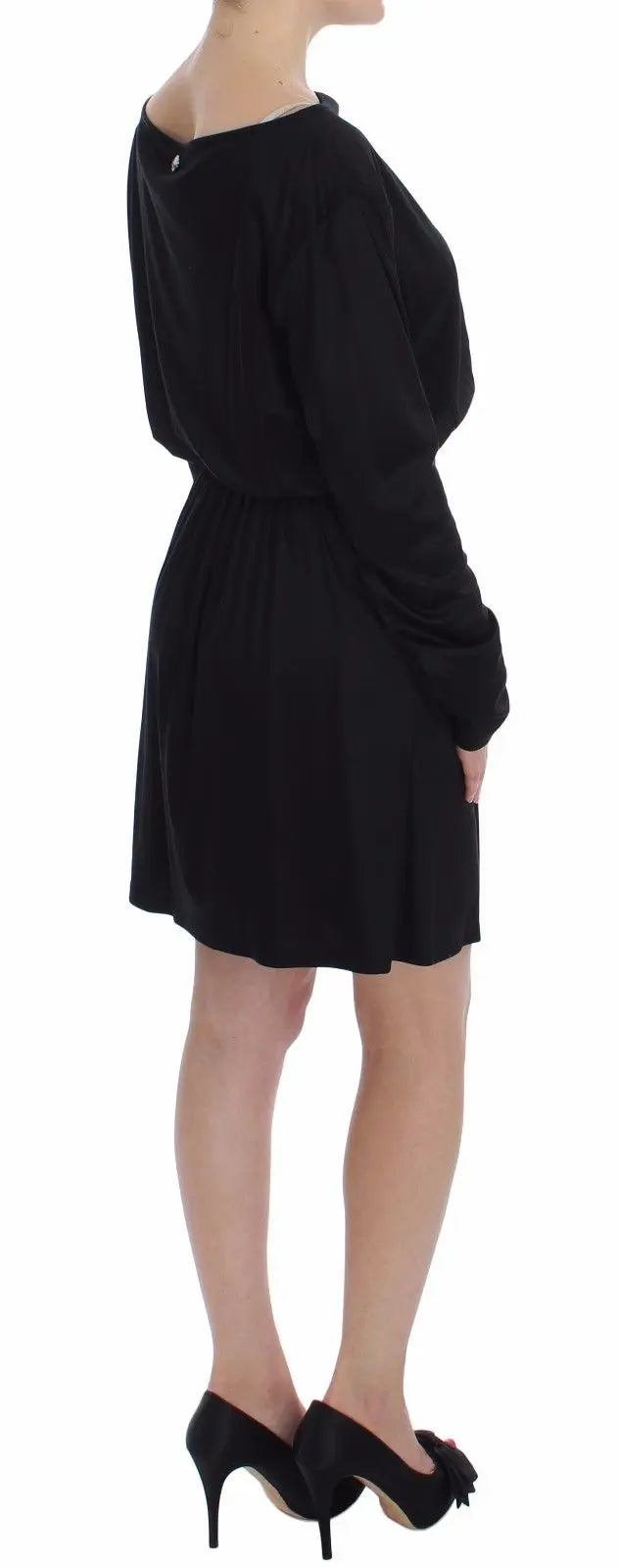 Black long-sleeve knee-length shift dress with boat neckline and drawstring waist.