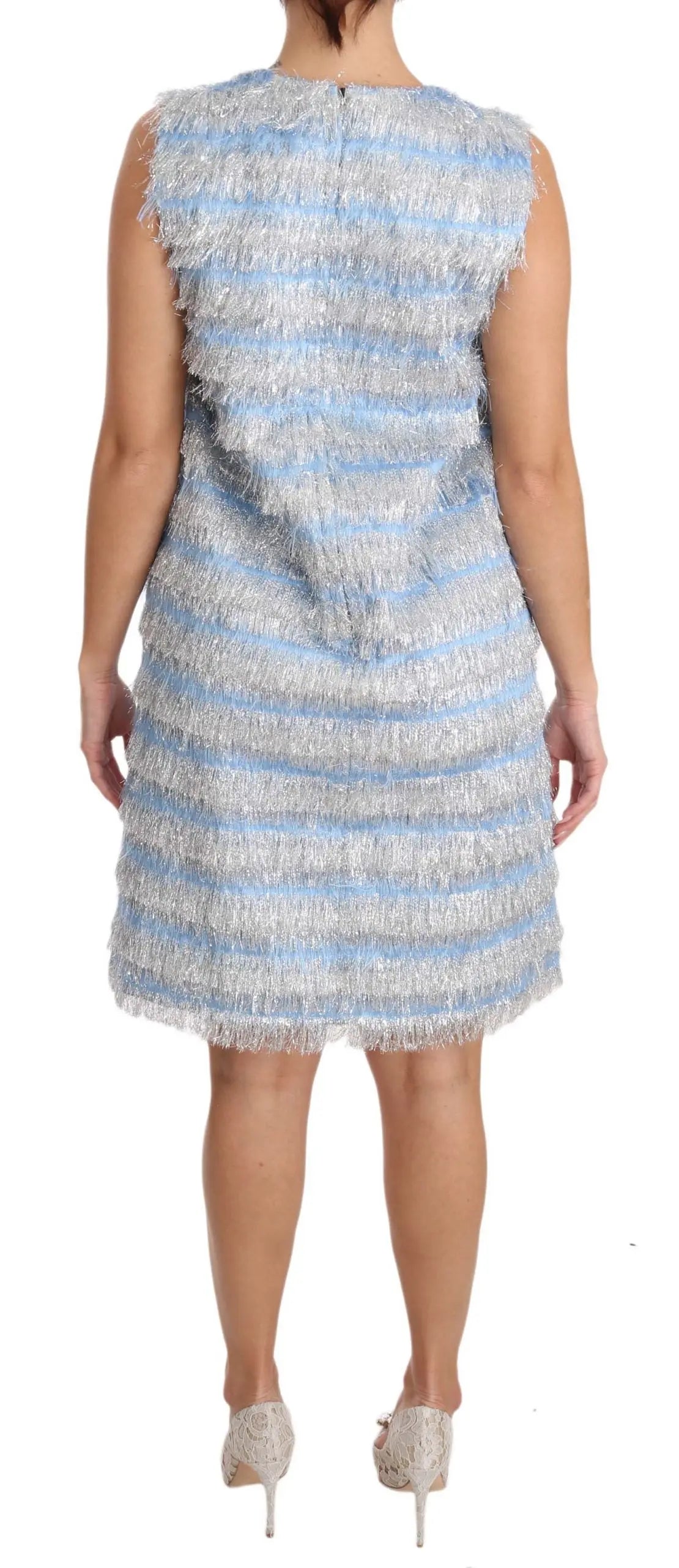 Sleeveless light blue midi shift dress with textured horizontal silver stripes.