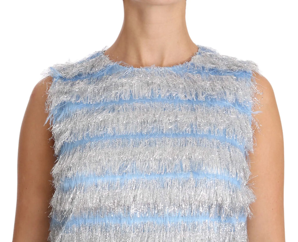 Sleeveless light blue midi shift dress with textured horizontal silver stripes.