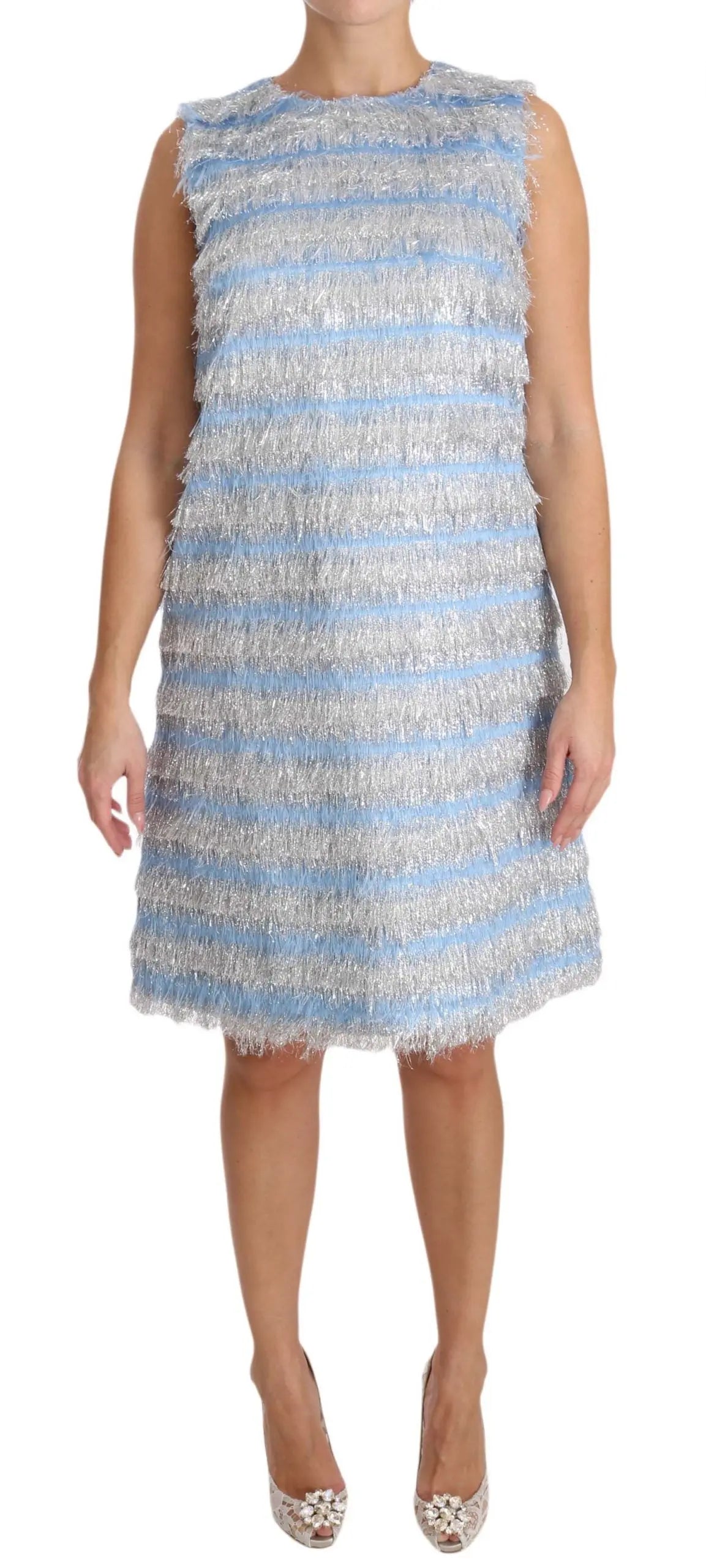 Sleeveless light blue midi shift dress with textured horizontal silver stripes.
