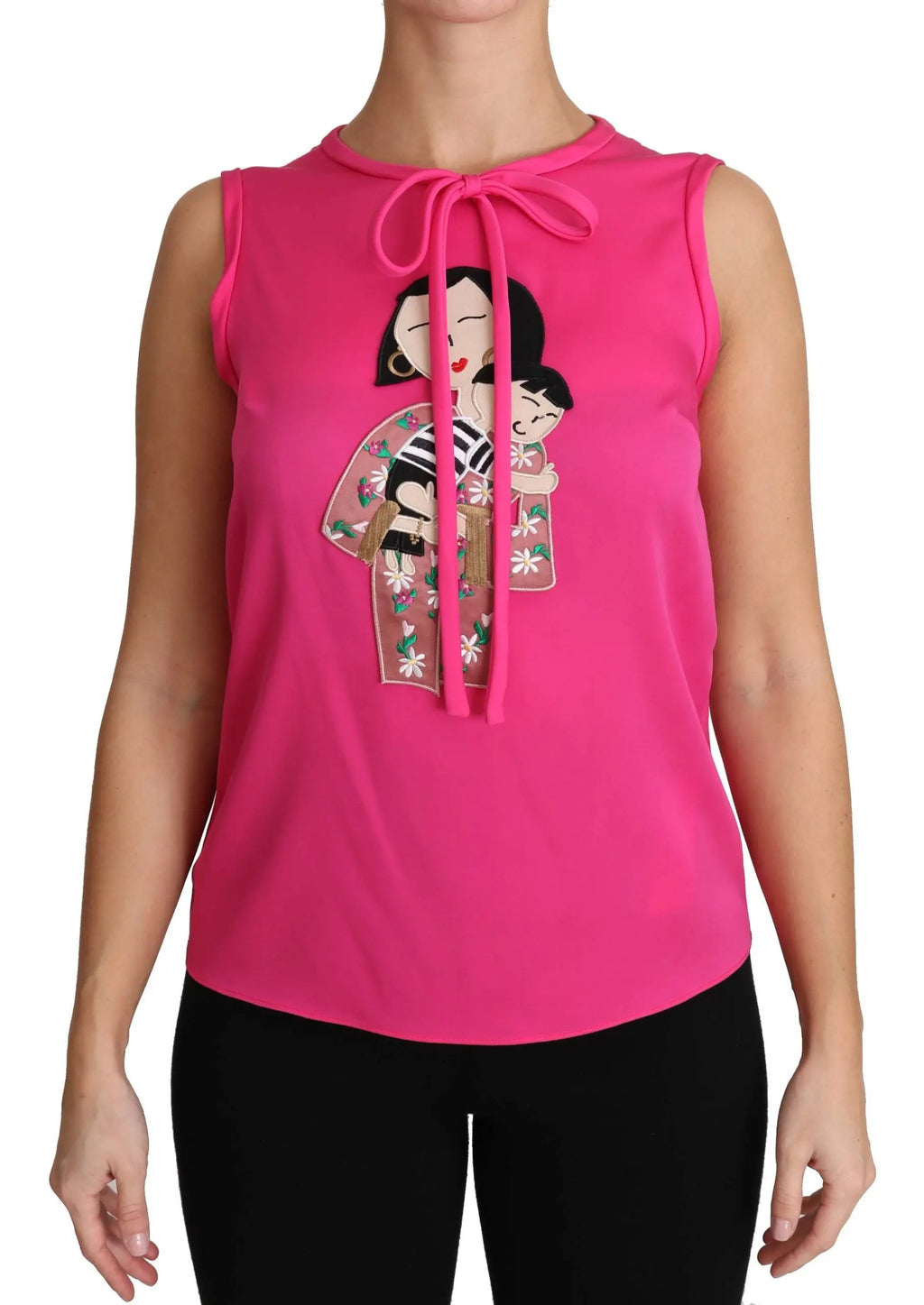 Pink sleeveless silk tank top with a bow tie neckline and colorful embroidered characters on the front.