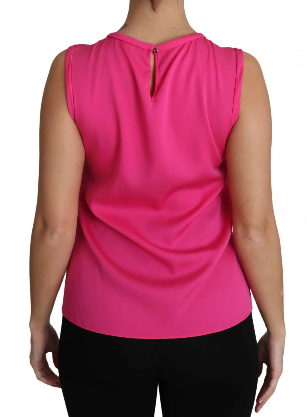 Pink sleeveless silk tank top with a bow tie neckline and colorful embroidered characters on the front.