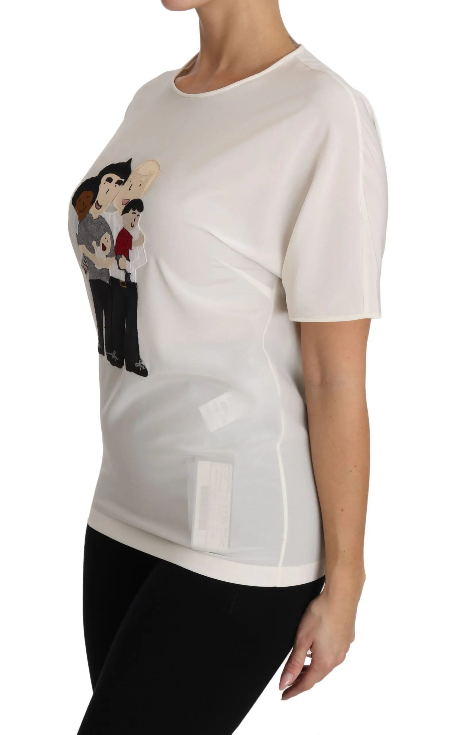 White silk stretch T-shirt with cartoon family graphic on front, short sleeves, crew neck.