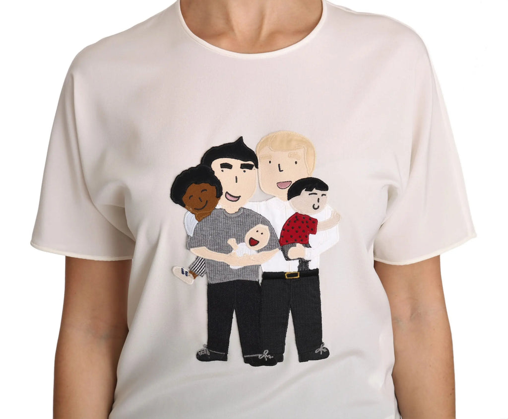 White silk stretch T-shirt with cartoon family graphic on front, short sleeves, crew neck.