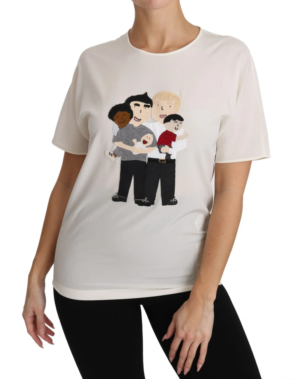 White silk stretch T-shirt with cartoon family graphic on front, short sleeves, crew neck.