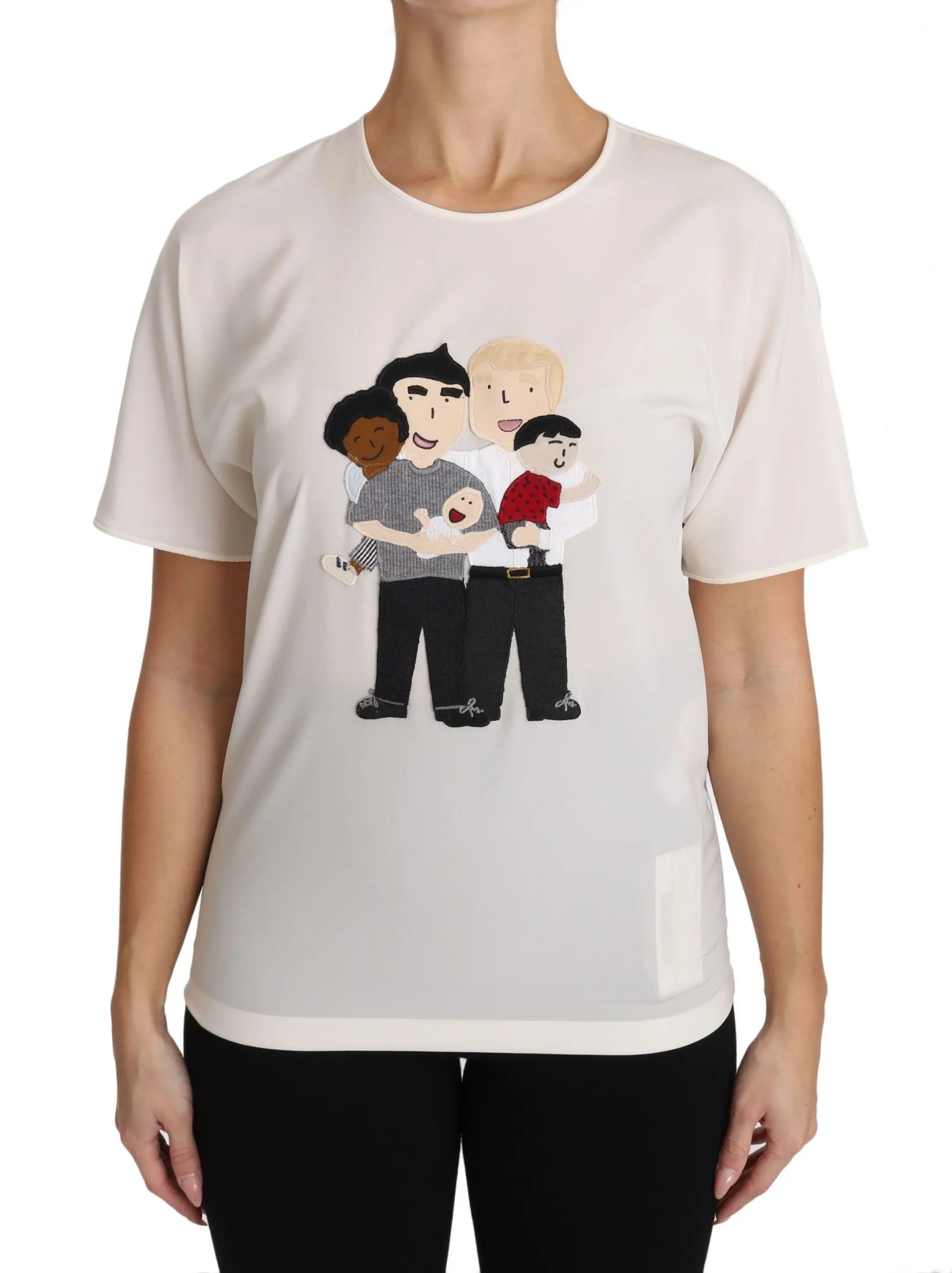 White silk stretch T-shirt with cartoon family graphic on front, short sleeves, crew neck.