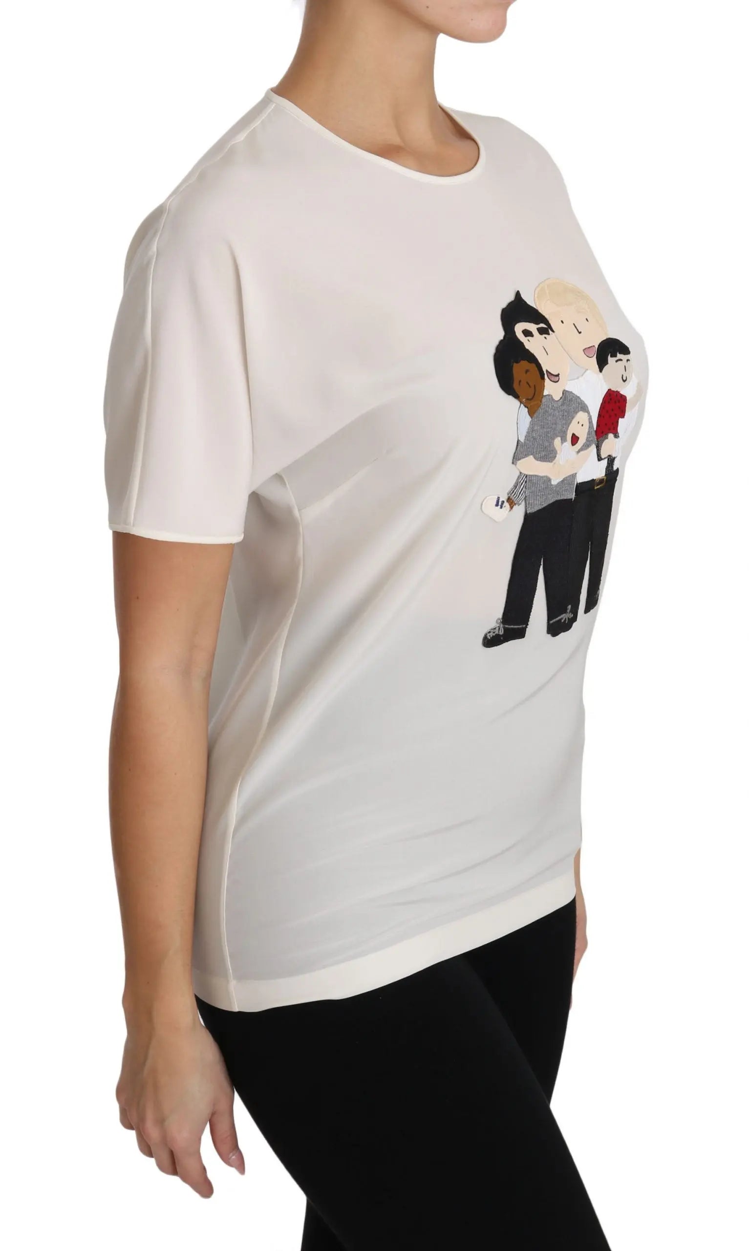 White silk stretch T-shirt with cartoon family graphic on front, short sleeves, crew neck.