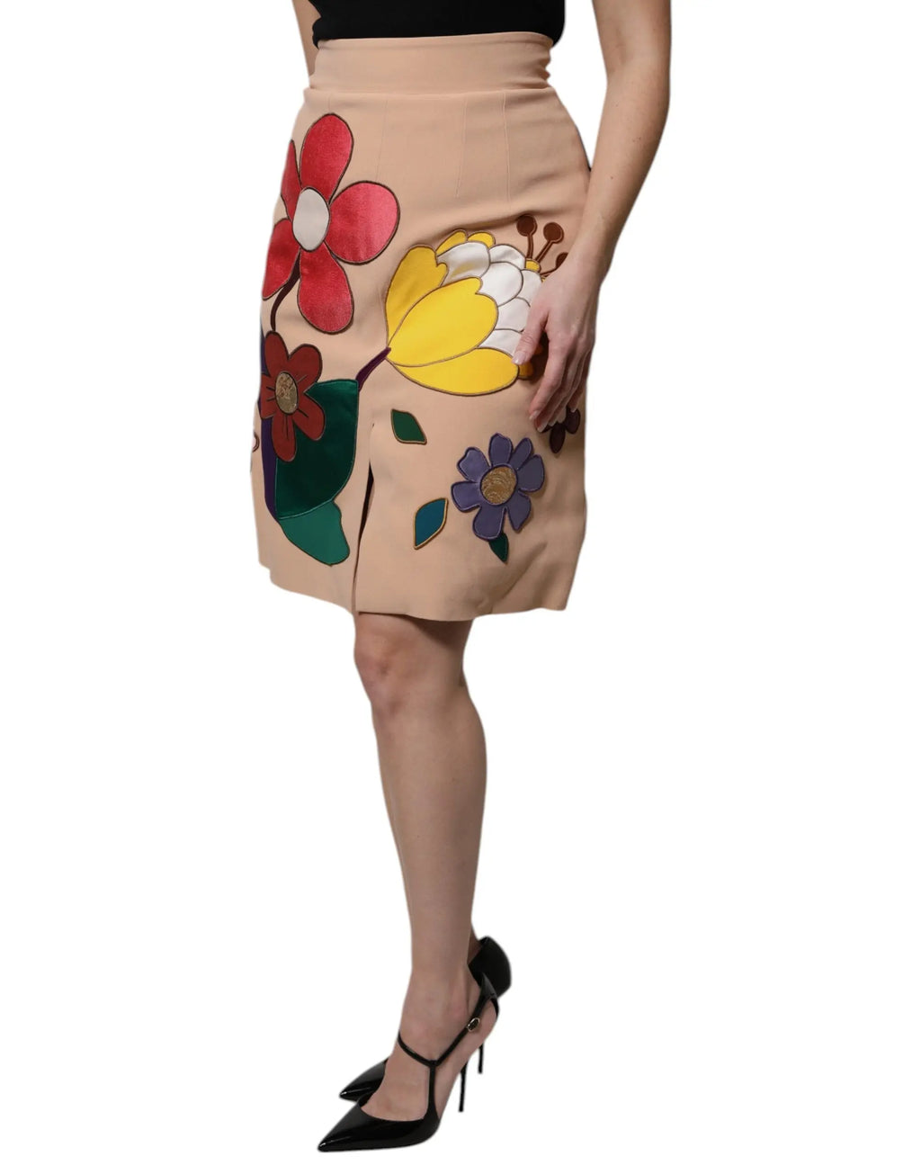 Beige Floral High Waist Pencil Cut Skirt Dolce & Gabbana