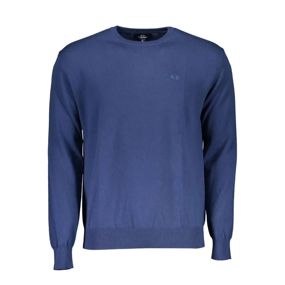 Blue cotton men’s sweater with crew neck and ribbed cuffs and hem.