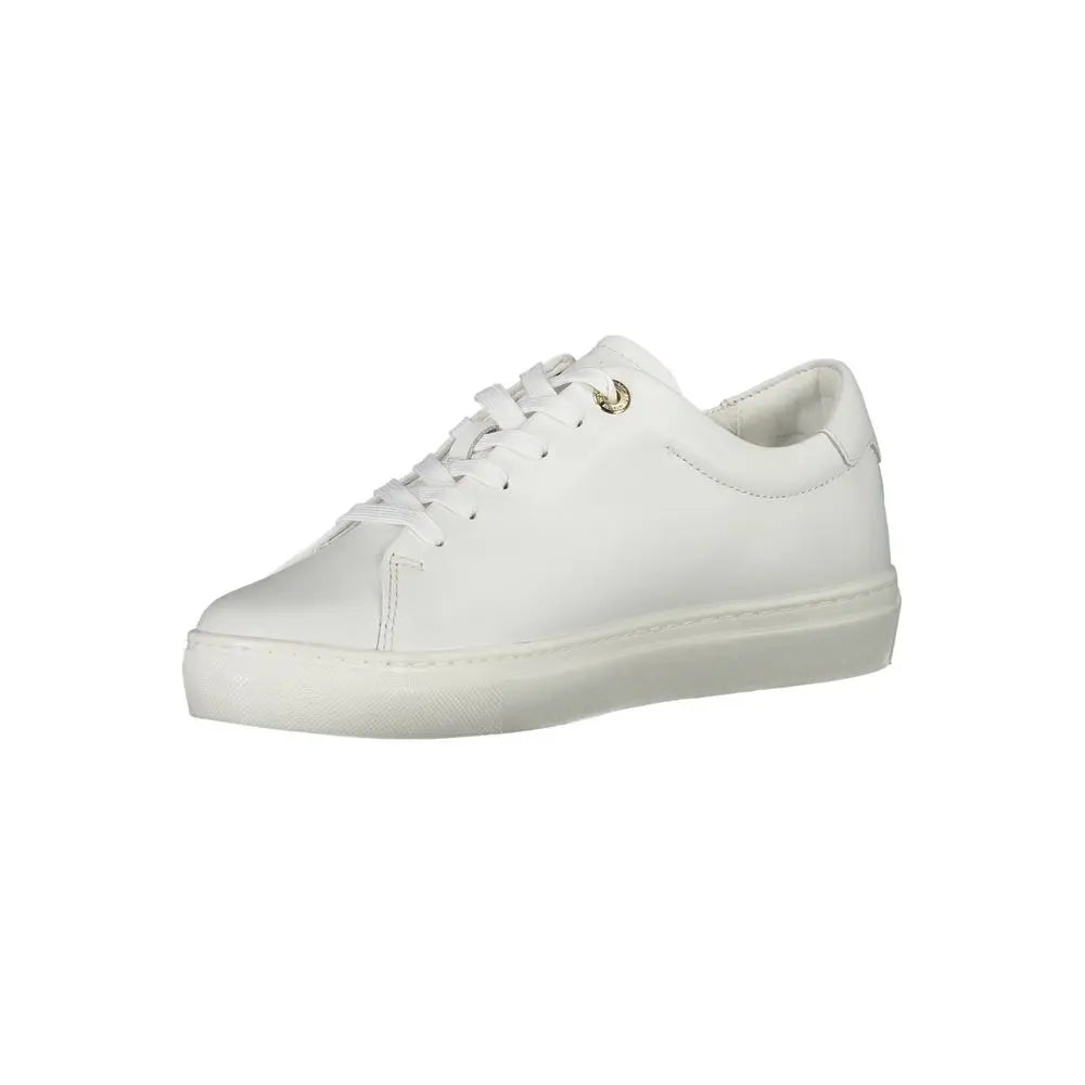 White low-top leather sneaker for women with white laces and rubber sole.