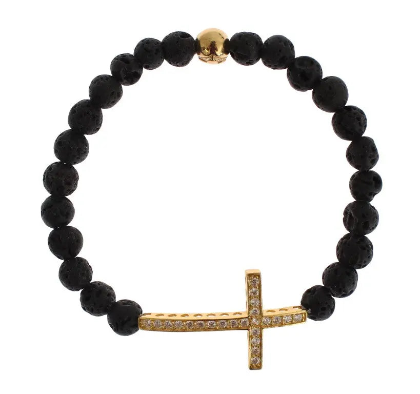 Black lava stone bead bracelet with gold-plated 925 silver cross pendant studded with clear CZ crystals.