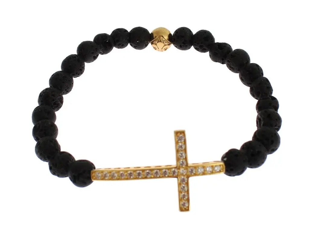 Black lava stone bead bracelet with gold-plated 925 silver cross pendant studded with clear CZ crystals.