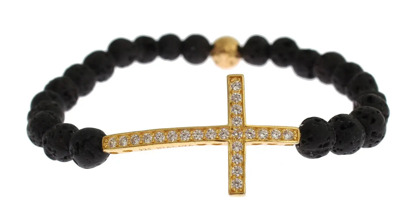 Black lava stone bead bracelet with gold-plated 925 silver cross pendant studded with clear CZ crystals.