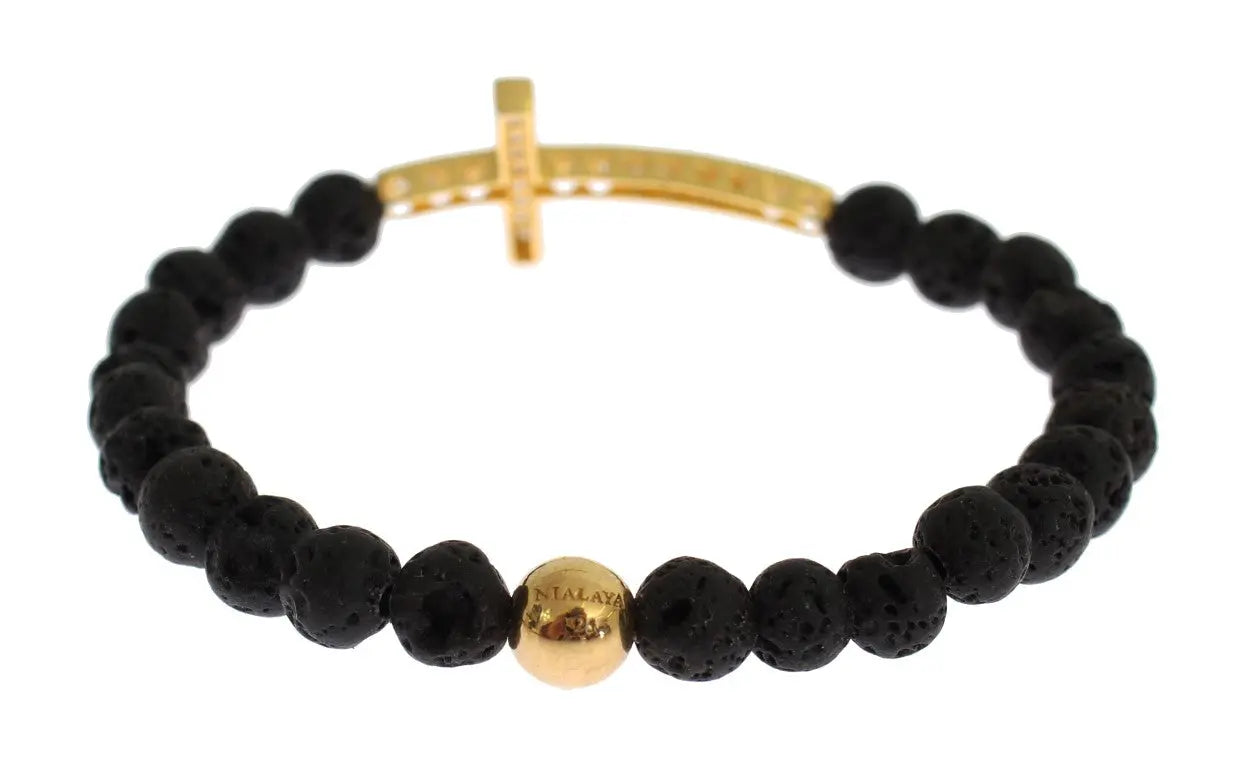 Black lava stone bead bracelet with gold-plated 925 silver cross pendant studded with clear CZ crystals.
