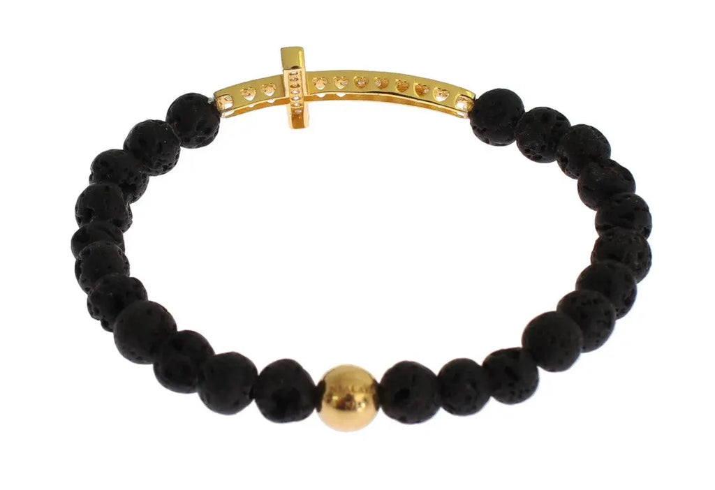 Black lava stone bead bracelet with gold-plated 925 silver cross pendant studded with clear CZ crystals.