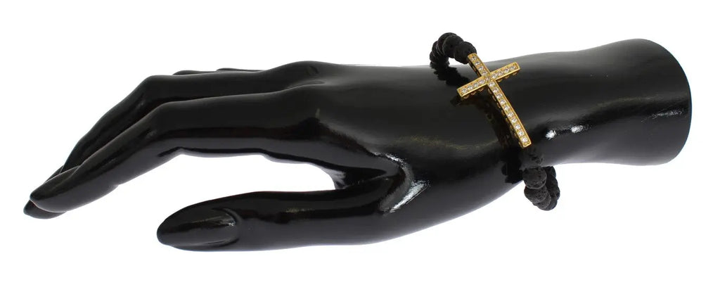 Black lava stone bead bracelet with gold-plated 925 silver cross pendant studded with clear CZ crystals.