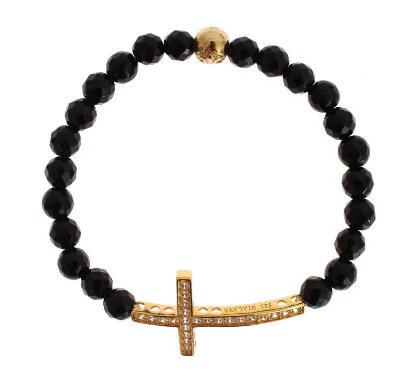 Black faceted agate bead bracelet with gold-plated 925 silver cross pendant encrusted with clear CZ stones.