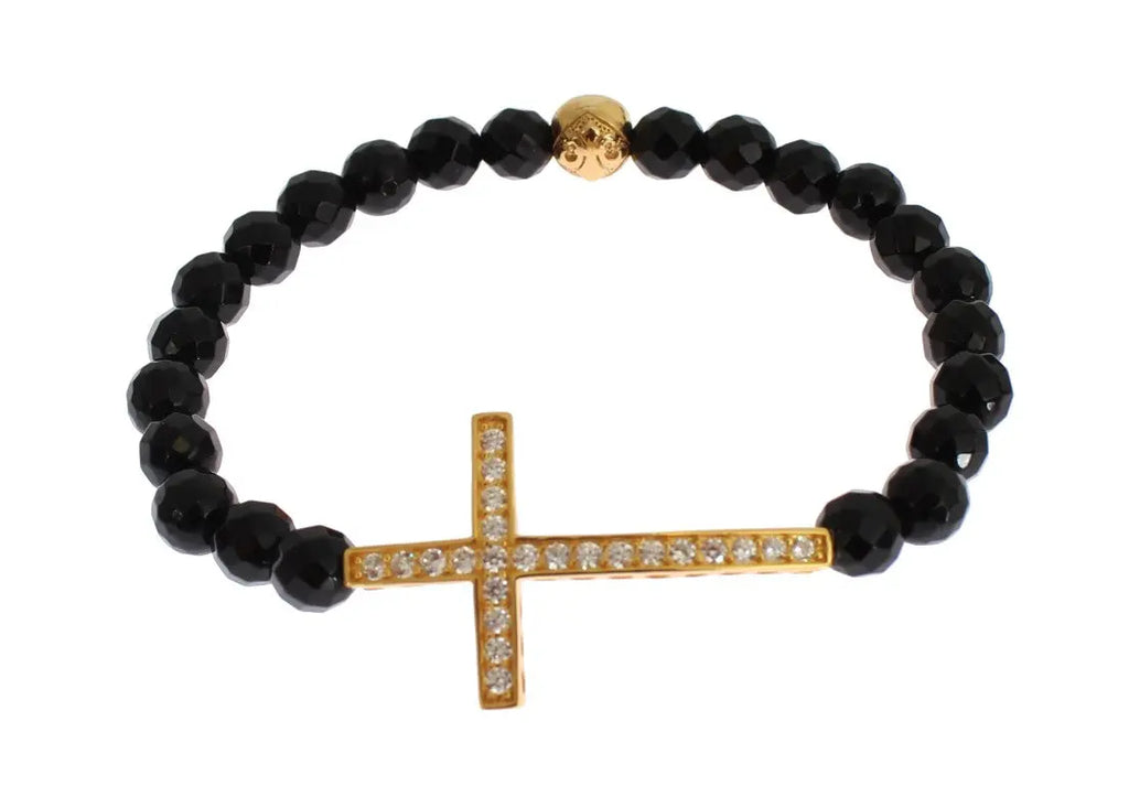 Black faceted agate bead bracelet with gold-plated 925 silver cross pendant encrusted with clear CZ stones.