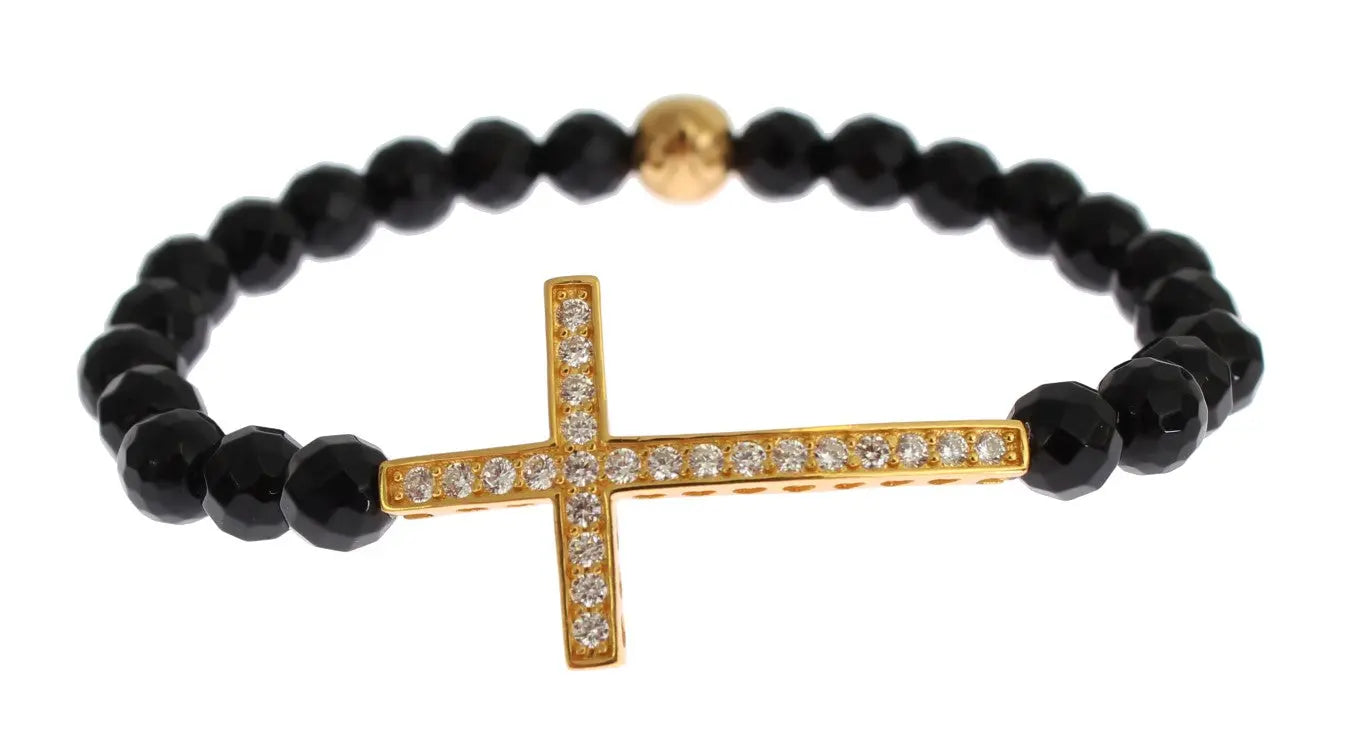 Black faceted agate bead bracelet with gold-plated 925 silver cross pendant encrusted with clear CZ stones.