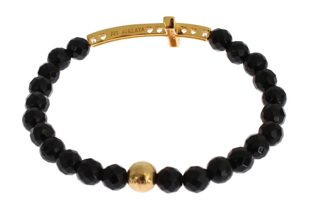 Black faceted agate bead bracelet with gold-plated 925 silver cross pendant encrusted with clear CZ stones.
