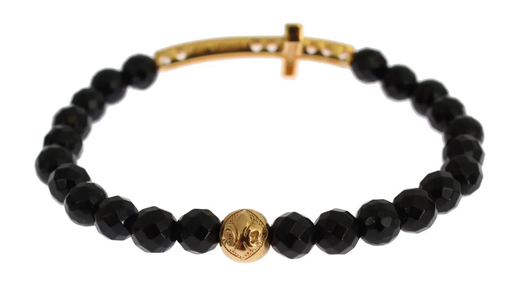 Black faceted agate bead bracelet with gold-plated 925 silver cross pendant encrusted with clear CZ stones.