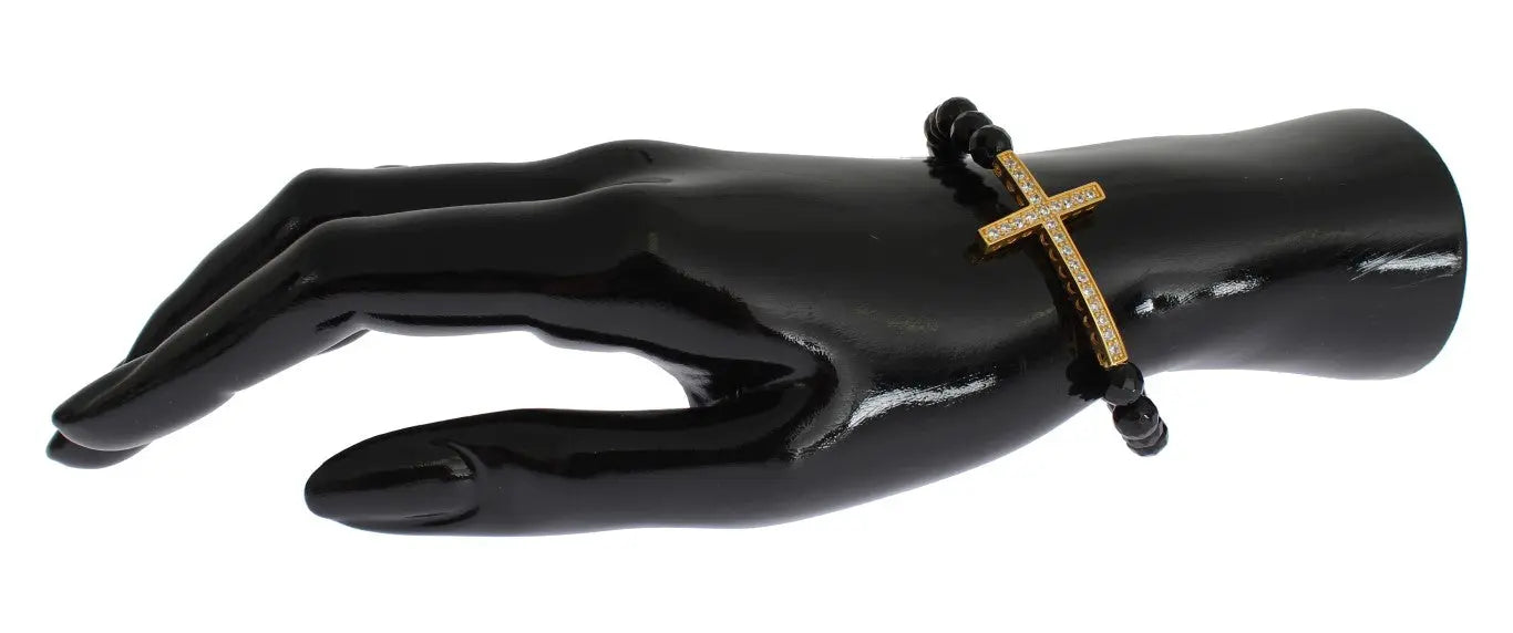 Black faceted agate bead bracelet with gold-plated 925 silver cross pendant encrusted with clear CZ stones.