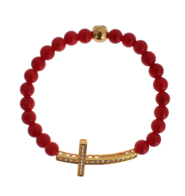 Red coral bead bracelet with gold-plated 925 silver CZ diamond cross charm and gold bead.