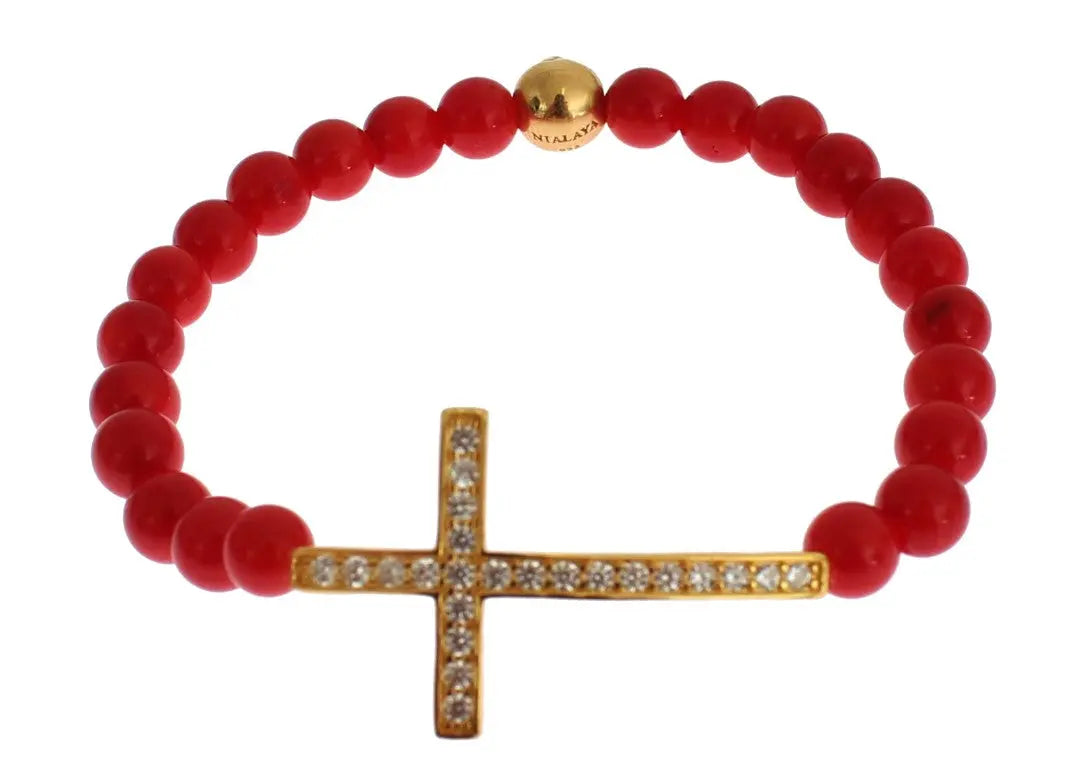 Red coral bead bracelet with gold-plated 925 silver CZ diamond cross charm and gold bead.