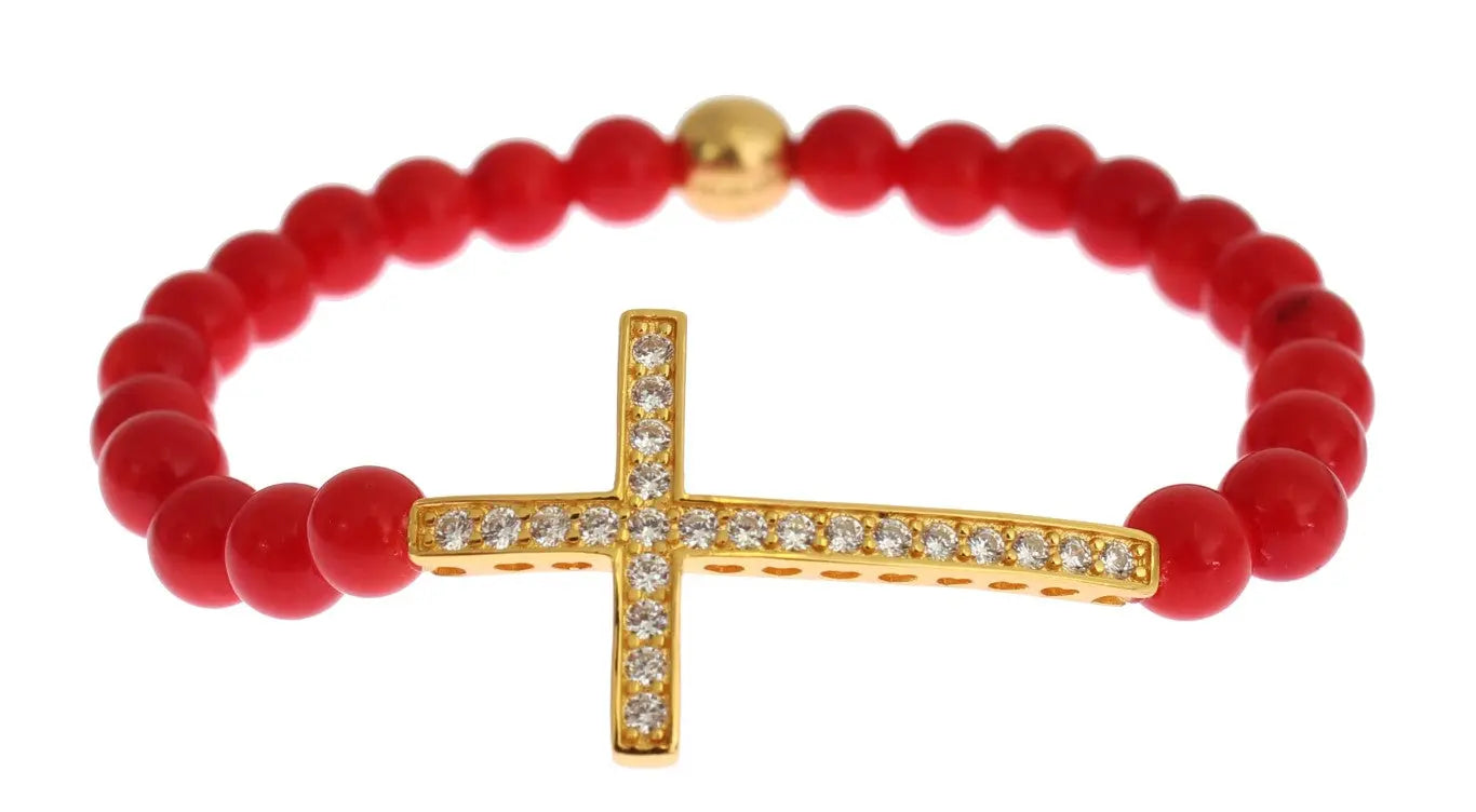 Red coral bead bracelet with gold-plated 925 silver CZ diamond cross charm and gold bead.