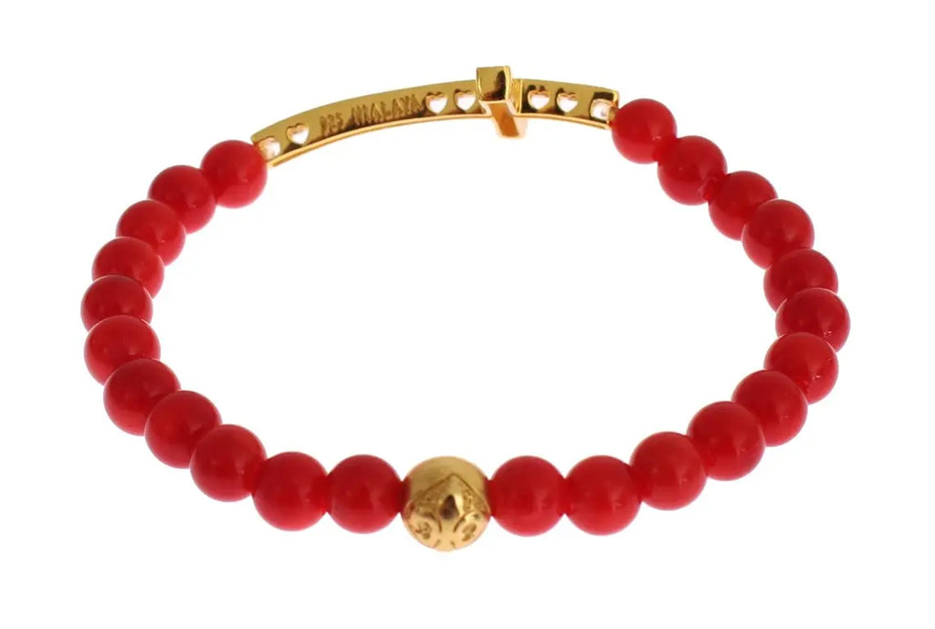 Red coral bead bracelet with gold-plated 925 silver CZ diamond cross charm and gold bead.