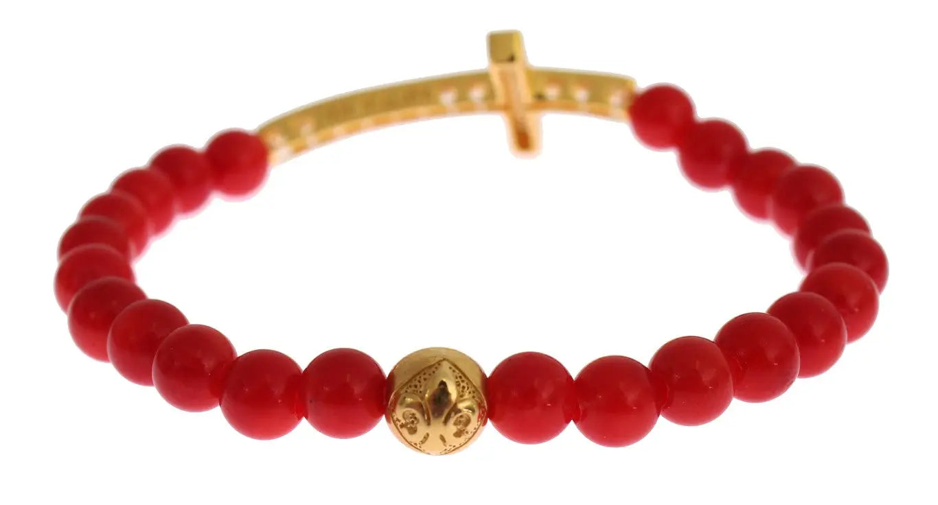 Red coral bead bracelet with gold-plated 925 silver CZ diamond cross charm and gold bead.