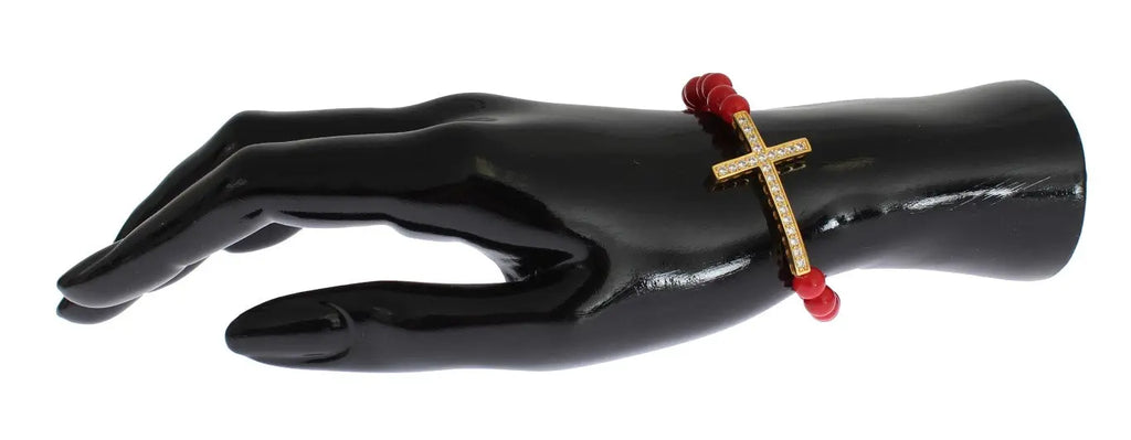 Red coral bead bracelet with gold-plated 925 silver CZ diamond cross charm and gold bead.