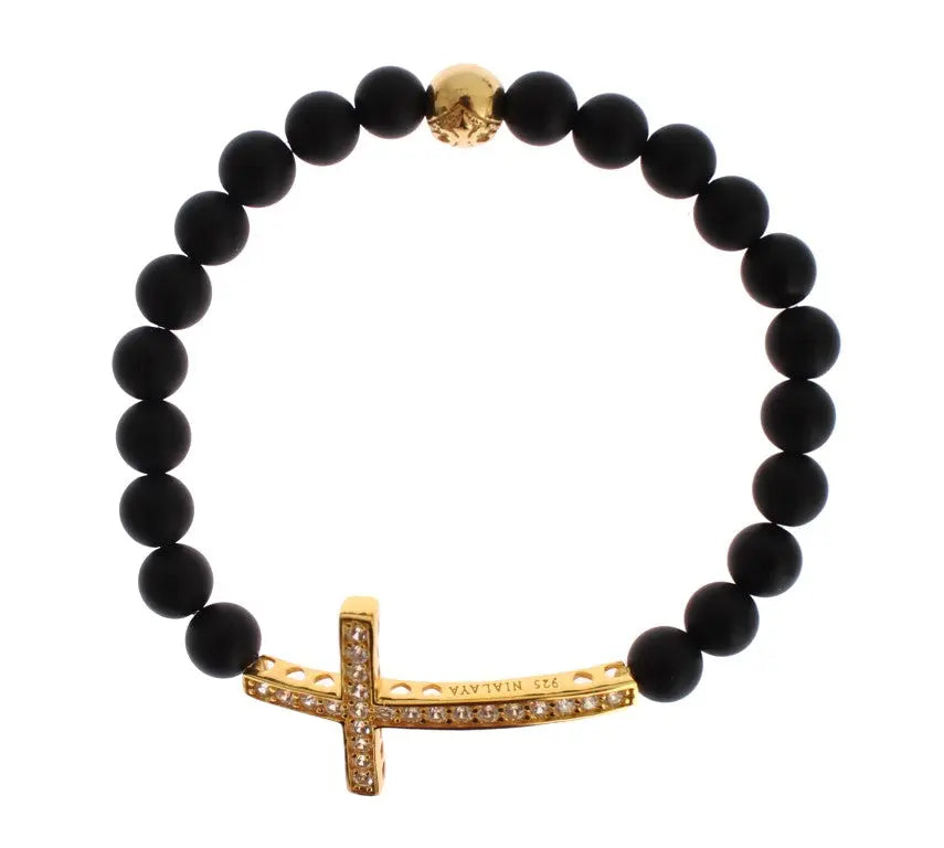 Matte black onyx bead bracelet with gold-plated 925 silver cross encrusted with clear CZ stones and a gold plated bead.