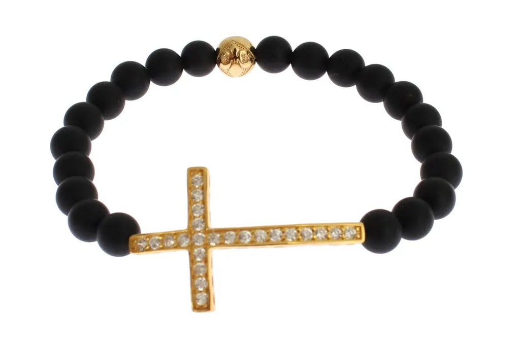 Matte black onyx bead bracelet with gold-plated 925 silver cross encrusted with clear CZ stones and a gold plated bead.