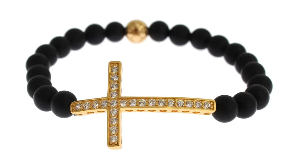 Matte black onyx bead bracelet with gold-plated 925 silver cross encrusted with clear CZ stones and a gold plated bead.