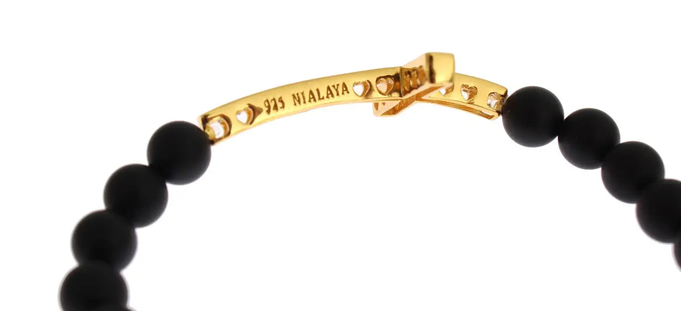 Matte black onyx bead bracelet with gold-plated 925 silver cross encrusted with clear CZ stones and a gold plated bead.