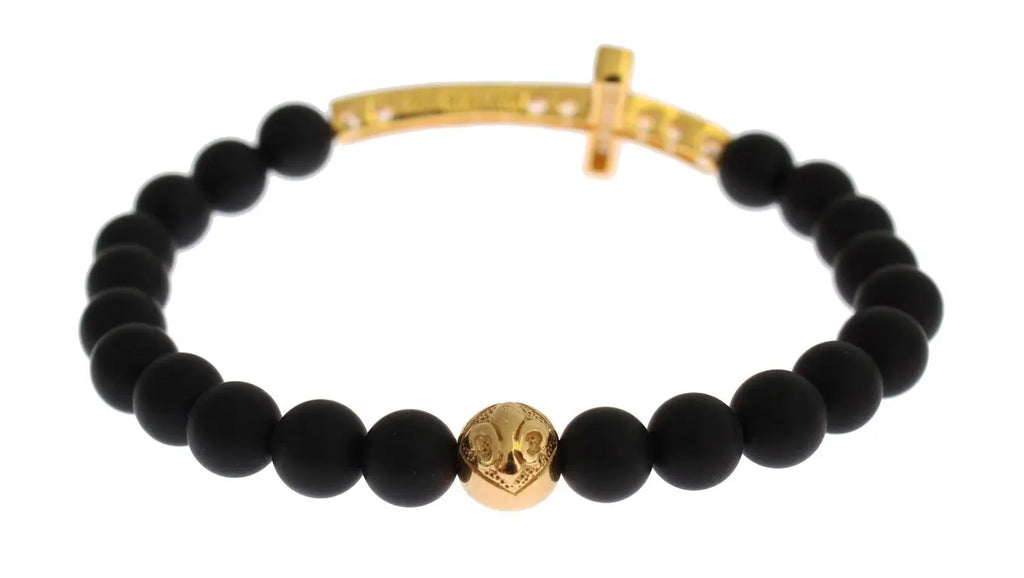 Matte black onyx bead bracelet with gold-plated 925 silver cross encrusted with clear CZ stones and a gold plated bead.