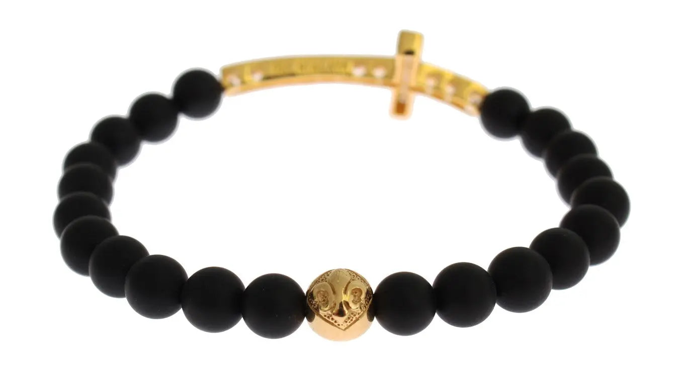 Matte black onyx bead bracelet with gold-plated 925 silver cross encrusted with clear CZ stones and a gold plated bead.