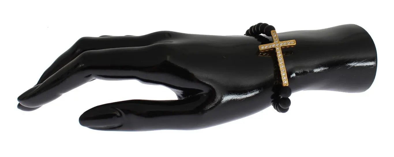 Matte black onyx bead bracelet with gold-plated 925 silver cross encrusted with clear CZ stones and a gold plated bead.