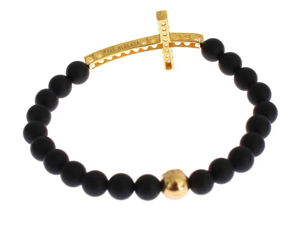 Matte black onyx bead bracelet with gold-plated 925 silver cross encrusted with clear CZ stones and a gold plated bead.