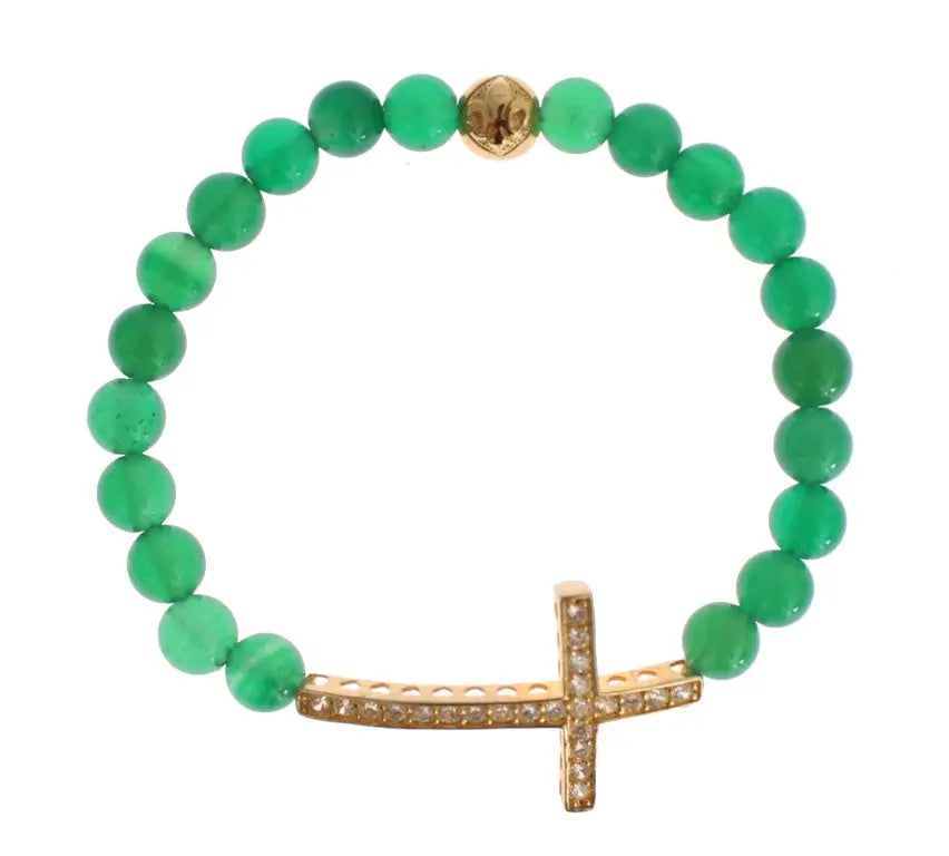 Green jade bead bracelet with gold-plated CZ cross and round gold accent bead.