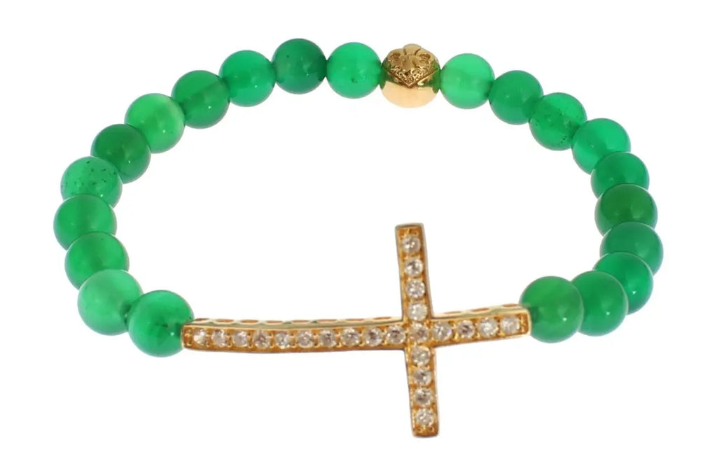 Green jade bead bracelet with gold-plated CZ cross and round gold accent bead.