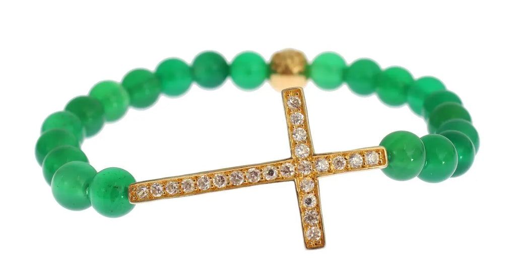 Green jade bead bracelet with gold-plated CZ cross and round gold accent bead.