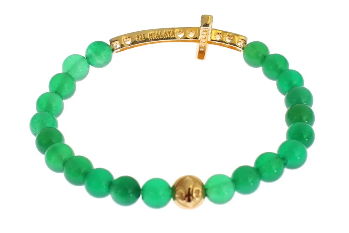 Green jade bead bracelet with gold-plated CZ cross and round gold accent bead.