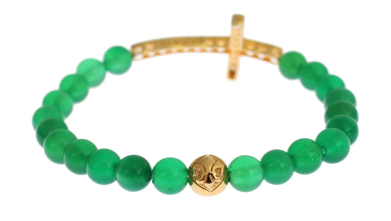 Green jade bead bracelet with gold-plated CZ cross and round gold accent bead.
