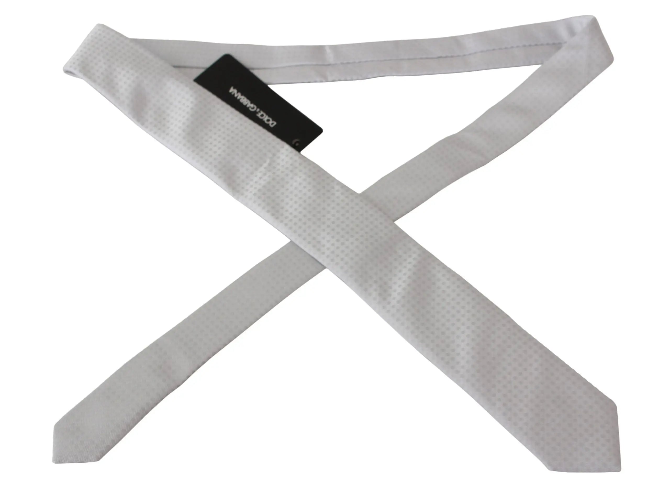 White slim necktie with subtle checkered pattern in nylon and silk blend.