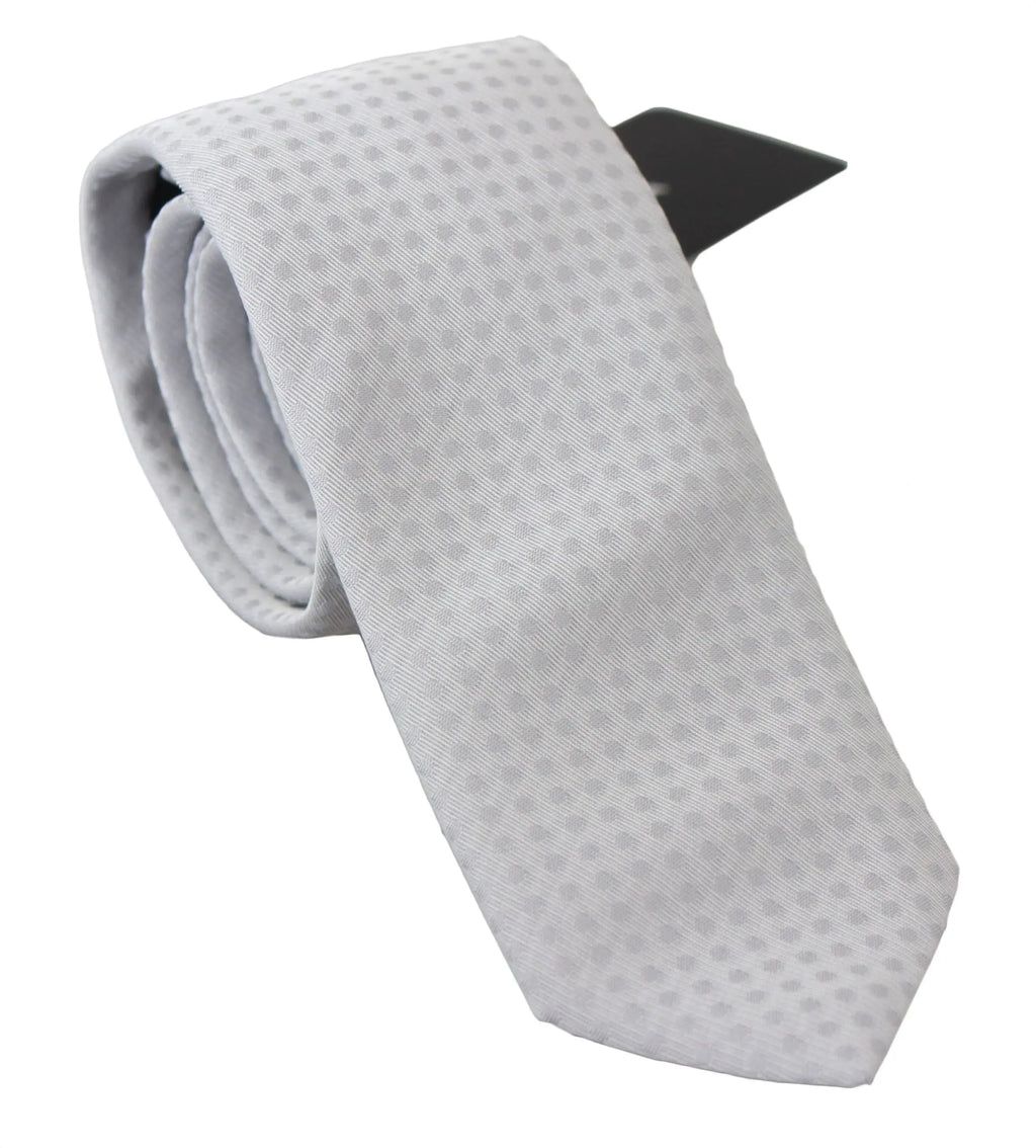 White slim necktie with subtle checkered pattern in nylon and silk blend.